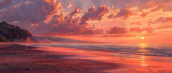 a painting of sunset in color in the style of realistic rendering majestic - obrazy, fototapety, plakaty
