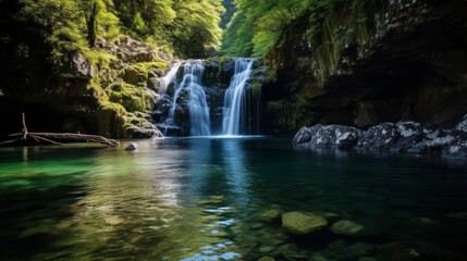 Fototapeta na wymiar Crystal clear waters and remote waterfall in nature