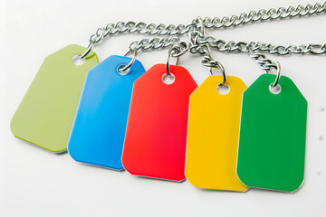 Collection of Colorful, Blank Identity Tags with Silver Chains on a white Background