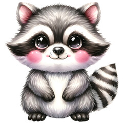 Cute Raccoon animal standing smiling happily watercolor clipart. Nursery animals theme.