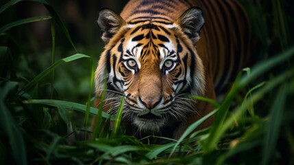 Fierce tigress in the jungle closeup - obrazy, fototapety, plakaty
