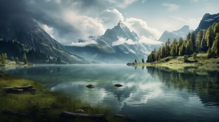 Lake and mountain landscape in natural light - obrazy, fototapety, plakaty