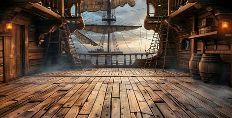Pirate Ship Deck with Sea View at Dusk - obrazy, fototapety, plakaty