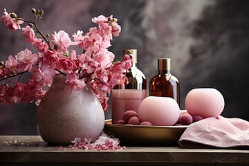 stylist and royal Spa treatment with natural skin care products flowers and wash, space for text