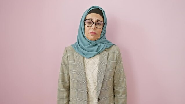 Exhausted middle age hispanic woman in hijab, yawning with lazy eyes and morning fatigue over pink isolated background. a picture of sleep-deprived and hangover sluggishness.