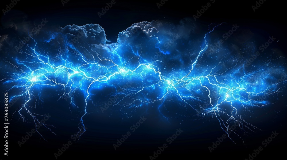 Poster An illustration depicting a realistic illustration of lightning bolts. The thunderstorm electricity discharge is isolated against a black background. The blue flare of the thunderbolt is a stormy