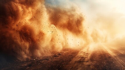 A car's dust cloud on a dusty road. Scattering trail on track from fast movement. Abstract realistic modern illustration. - obrazy, fototapety, plakaty