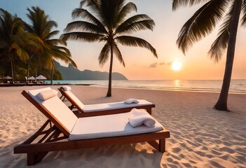 lounge chairs on the beach with beautiful sunset view and palm trees in the background, picnic vocation holidays