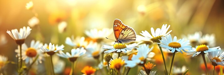 Butterfly on Daisy Flowers in Meadow