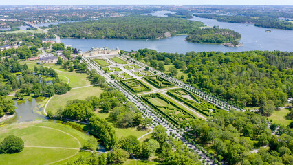 Fototapeta na wymiar Stockholm, Sweden - June 23, 2019: Drottningholm. Drottningholms Slott. Well-preserved royal residence with a Chinese pavilion, theater and gardens, From Drone