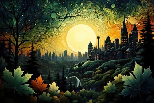 The sun casts a golden hue over a harmonious blend of urban skyline and natural landscape, depicted in a whimsical style that celebrates the unity of city life with the natural world.