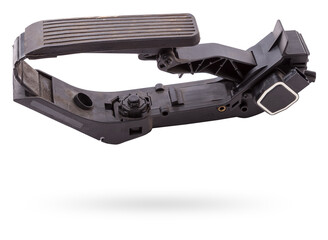 Gas pedal on a white isolated background in a photo studio for sale in a car service. Black auto part for replacement during repair in the workshop. Spare part junkyard.