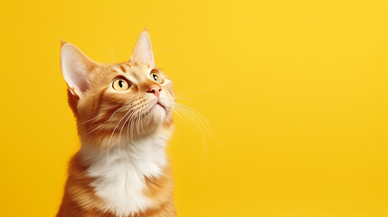 Funny red cat on yellow background portrait of mocking