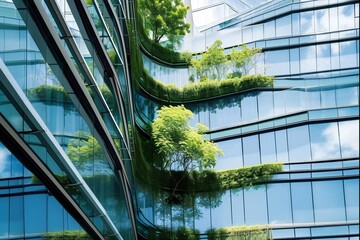 Building with Green Plant Balconies and Sky Reflection