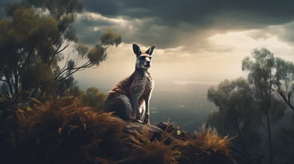 Foto op Plexiglas Furry Australian kangaroo sits on hill top looking  © Cybonix