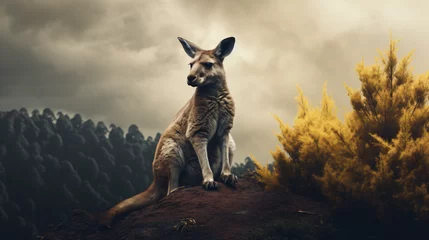 Plexiglas foto achterwand Furry Australian kangaroo sits on hill top looking  © Cybonix