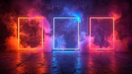 Luminous neon square frames on a dark background. Modern illustration.