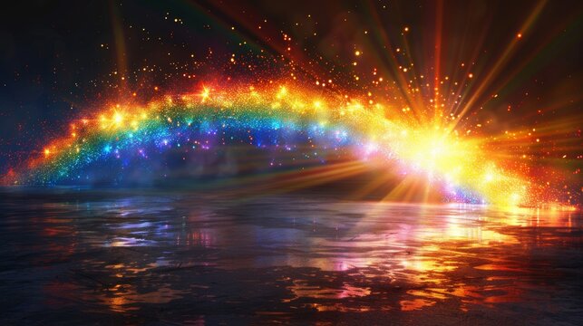 The rainbow halo rays are isolated on a transparent dark background as well as the holographic lens flare reflections. Modern illustration of radial prism refraction sunlight.