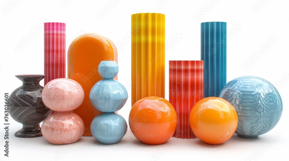 Aufkleber An array of colored 3D objects against a white background.