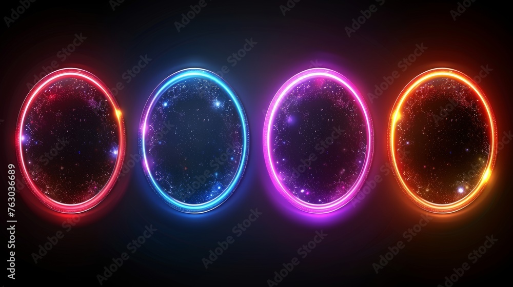 Leinwandbilder Technology concept of glowing neon color circles in round curve shape with wavy dynamic lines isolated on black background. The circular light frame border can be used for badges, price tags, and