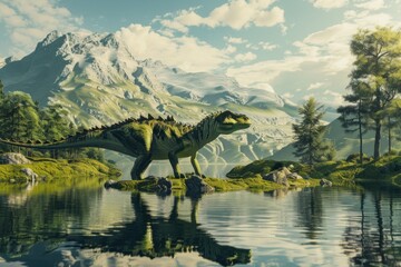 green dinosaur is in the middle of the picture - obrazy, fototapety, plakaty