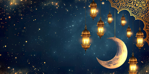 ramadan islamic greeting card of crescent moon, illustration - obrazy, fototapety, plakaty