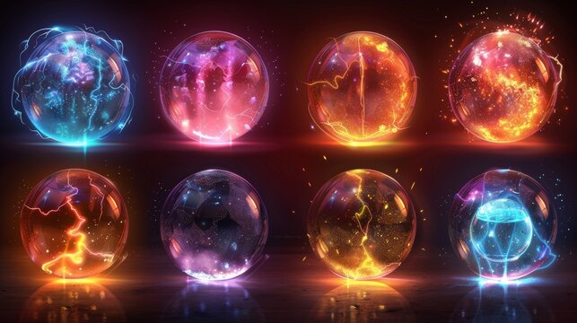 A modern cartoon set of glowing orbs with light effects, plasma and fire. Fantasy shiny circles for game design. Magic spheres, energy balls with mystic glow, lightning, and sparks.