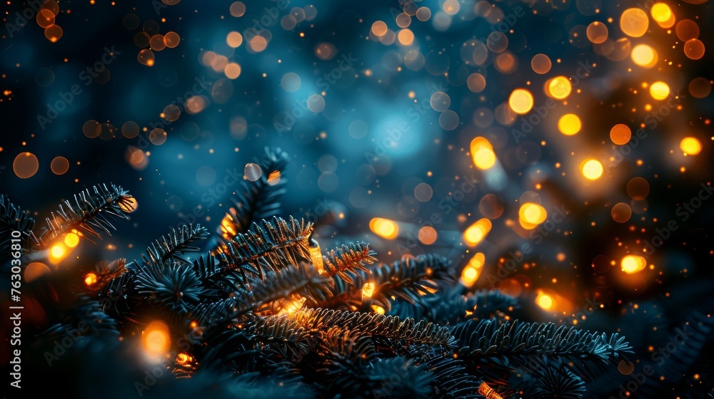 Poster an abstract yellow bokeh effect created with christmas lights. a black isolated background with boke