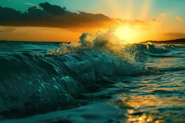 Fotobehang beautiful sunset with waves breaking along the shore © AAA