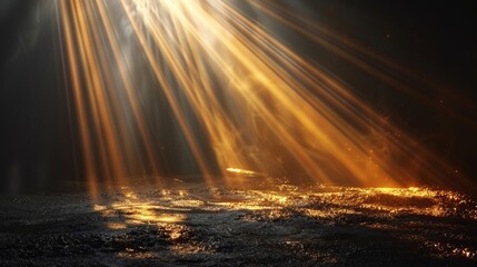 Royalty free modern illustration of a golden sun light effect. Glowing sunrays on a black background.