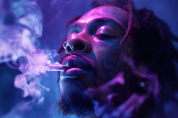 black man smoking a smoky illegal joint with marijuana - obrazy, fototapety, plakaty