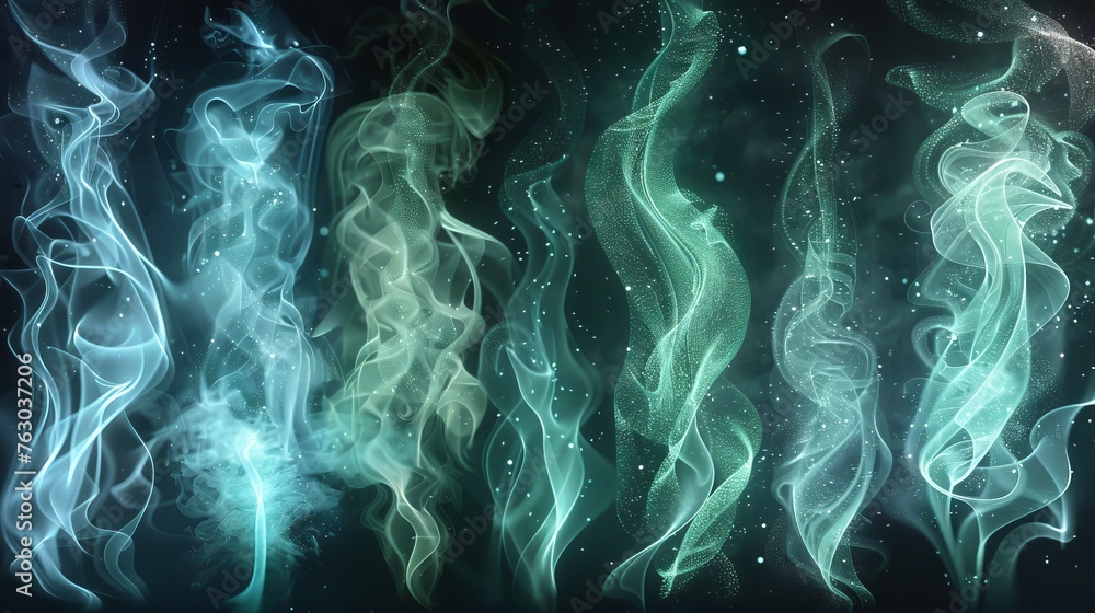 Poster The magic of 3d fresh swirls combined with the cold and frosty breath stream in a fantasy mint vortex tornado. The swirls are surrounded by dust and sparkles.