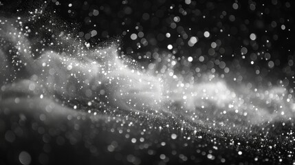 Rain and fog on black background overlay effect, Abstract splashes of rain and snow on black background, Freeze motion of white particles on black background