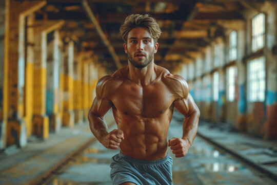 Shirtless male athlete training in urban city concrete background, sprinter, runner, jogger, muscular toned build training for race
