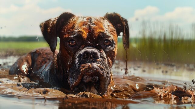 Boxer Dog Enjoying Mud Bath, Banner Image For Website, Background, Desktop Wallpaper