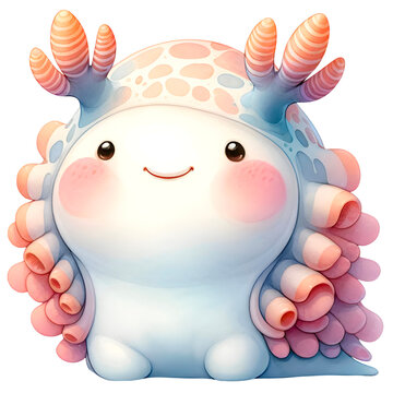 recommend clip art: Nudibranch Sea animal smiling happily watercolor clipart. Nursery animals theme.