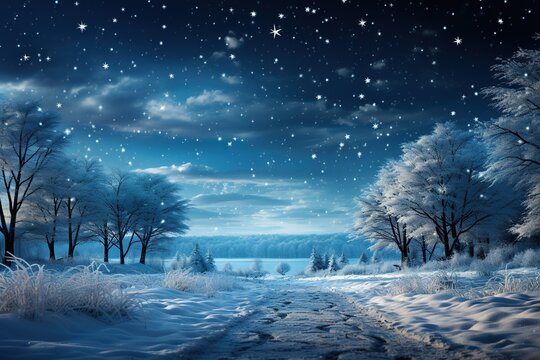 stylist and royal Winter background of snow and frost with landscape of forest, space for text, photographic