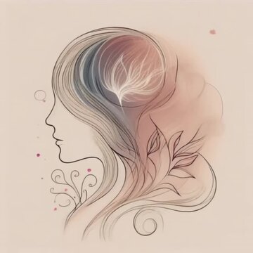 animation of curves lines with watercolor style long hair beauty . Line art feminism