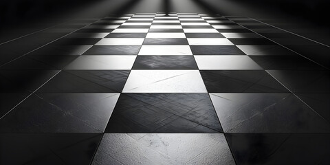 A black and white checkered floor with columns, A black and white checkered floor with a light shining on it

