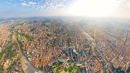 Milan, Italy. Botanical garden and skyscrapers. Panorama of the central part of the city. Summer...