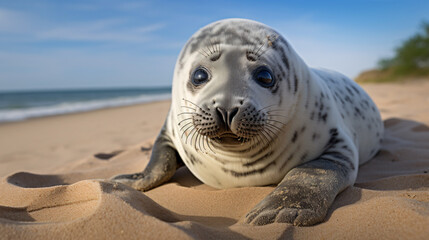 Harbor seal pup Phoca vitulina lying on the beach ..