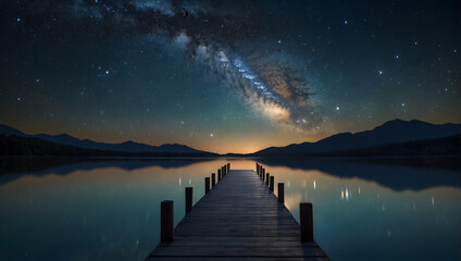 Photoreal 3D Product Presentation theme as Cosmic Reflection Concept As A clear night sky reflecting on a still lake, with a dock leading into the stars as if walking into infinity., Full depth of fie - obrazy, fototapety, plakaty