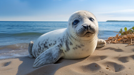 Harbor seal pup Phoca vitulina lying on the beach .. - obrazy, fototapety, plakaty