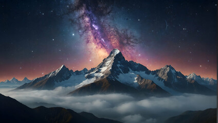 Photoreal 3D Product Presentation theme as Celestial Symphony Concept As A mountain range with a sky painted in the colors of the Milky Way, where each star twinkles in harmony with nature�s silence., - obrazy, fototapety, plakaty