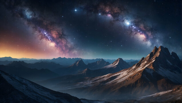 Photoreal 3D Product Presentation theme as Celestial Symphony Concept As A mountain range with a sky painted in the colors of the Milky Way, where each star twinkles in harmony with nature�s silence.,