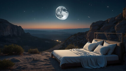 Photoreal 3D Product Presentation theme as Lunar Lullaby Concept As A tranquil cliffside view with a giant moon hovering close to the earth, casting a soft glow over the sleeping land., Full depth of 