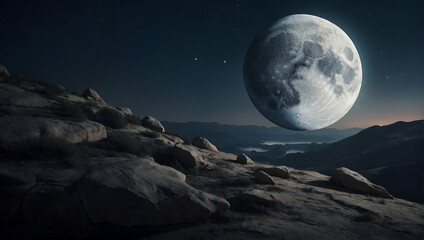Naklejka na ściany i meble Photoreal 3D Product Presentation theme as Lunar Lullaby Concept As A tranquil cliffside view with a giant moon hovering close to the earth, casting a soft glow over the sleeping land., Full depth of 
