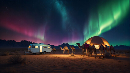 Fototapeta na wymiar Photoreal 3D Product Presentation theme as Midnight Mirage Concept As A desert scene with a vibrant aurora borealis display, featuring a caravan of camels resting under the celestial show., Full depth