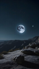 Photoreal 3D Product Presentation theme as Lunar Lullaby Concept As A tranquil cliffside view with a giant moon hovering close to the earth, casting a soft glow over the sleeping land., Full depth of 