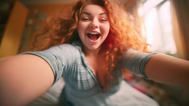 Portrait of a chubby 20-year-old teenage girl recording a video of happy dancing in the bedroom.